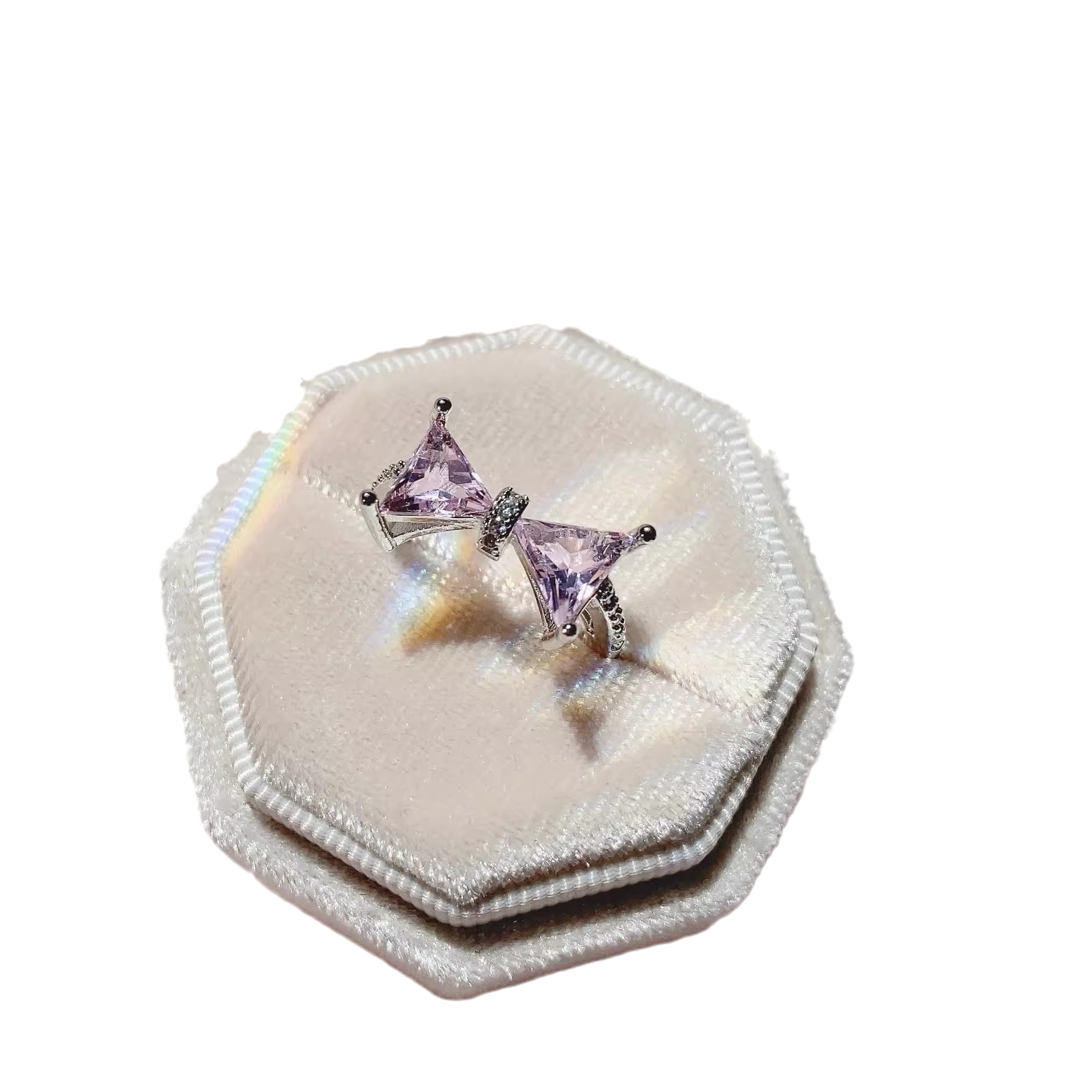 Japanese-style pink bow, heart-shaped lace ring, adjustable opening, micro-inlaid zircon, hollowed-out sweet and cool ring, trendy and cool Item Picture