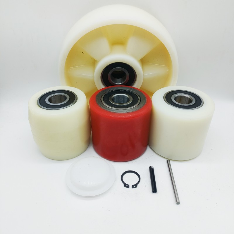 Hydraulic forklift wheels, nylon polyurethane PU, ground bull stacker, manual lift truck, double bearing front and rear wheel accessories details Picture
