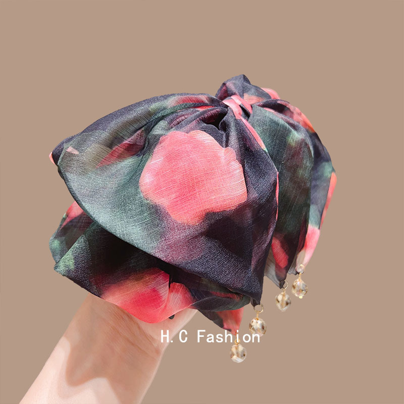 Retro chiffon printed bow ponytail grab clip at the back of the head, an elegant and luxurious hair clip for women Specification drawing