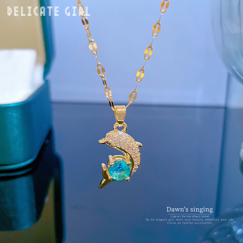 【 Titanium Steel 】 Simple and elegant zircon dolphin blue collarbone chain, small and trendy on Instagram, retro titanium steel necklace for women Application Scenario