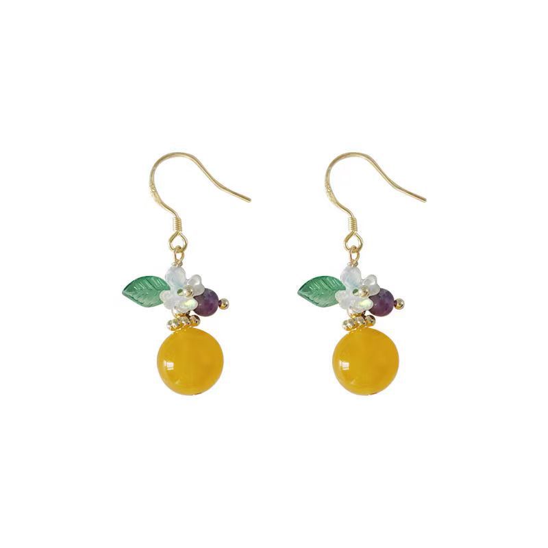 Super beautiful ~ Summer Orange ~s925 Niche creative design earrings, women's country style yellow jade flower stud earrings Item Picture
