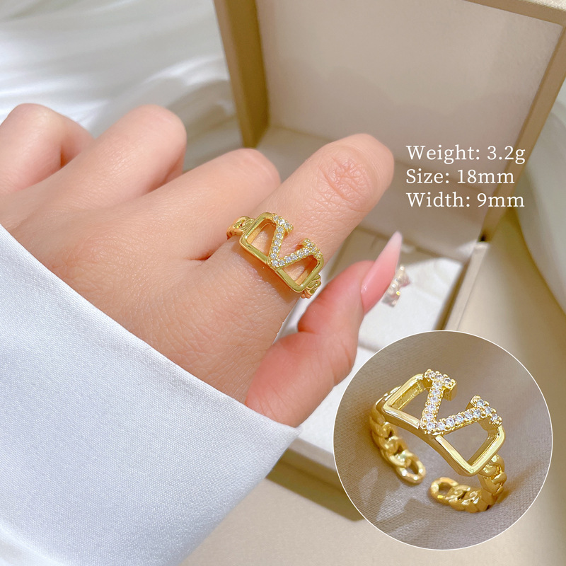 【 Real Gold 】 V-shaped chain full diamond ring with adjustable opening, simple Japanese-style bracelet, couple rings full figure