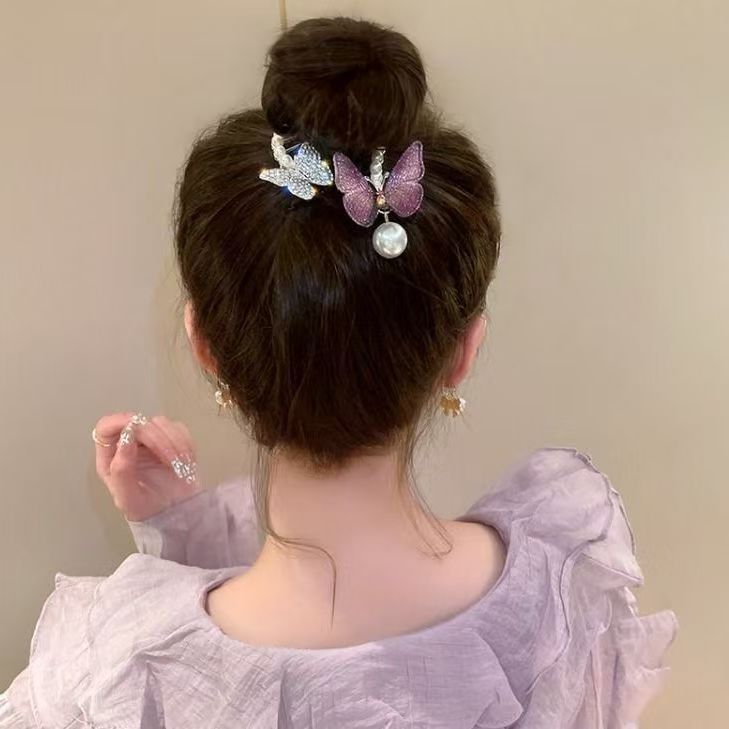 New high-end and light luxury hair accessories, elegant bun hair clips, hand-embroidered butterfly pearl ponytail clips details Picture