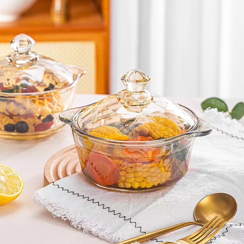 New glass double-ear bowl with lid amber crystal glass instant noodle salad bowl gift box set for wholesale promotion full figure