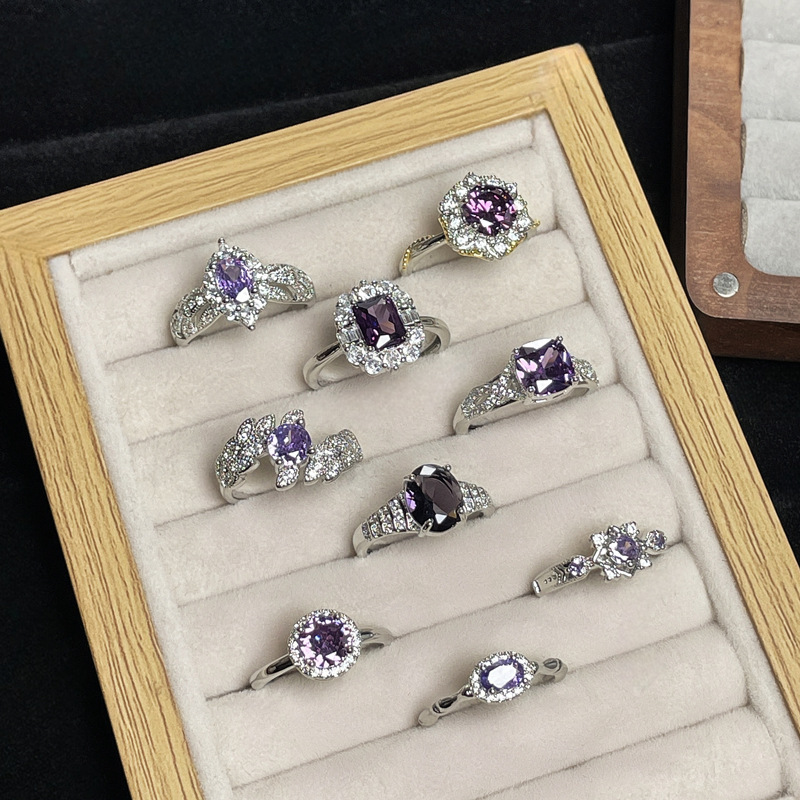 Sweet and cool geometric purple diamond zircon high-end and elegant open ring, cold and elegant feminine style, light luxury texture, niche food ring details Picture