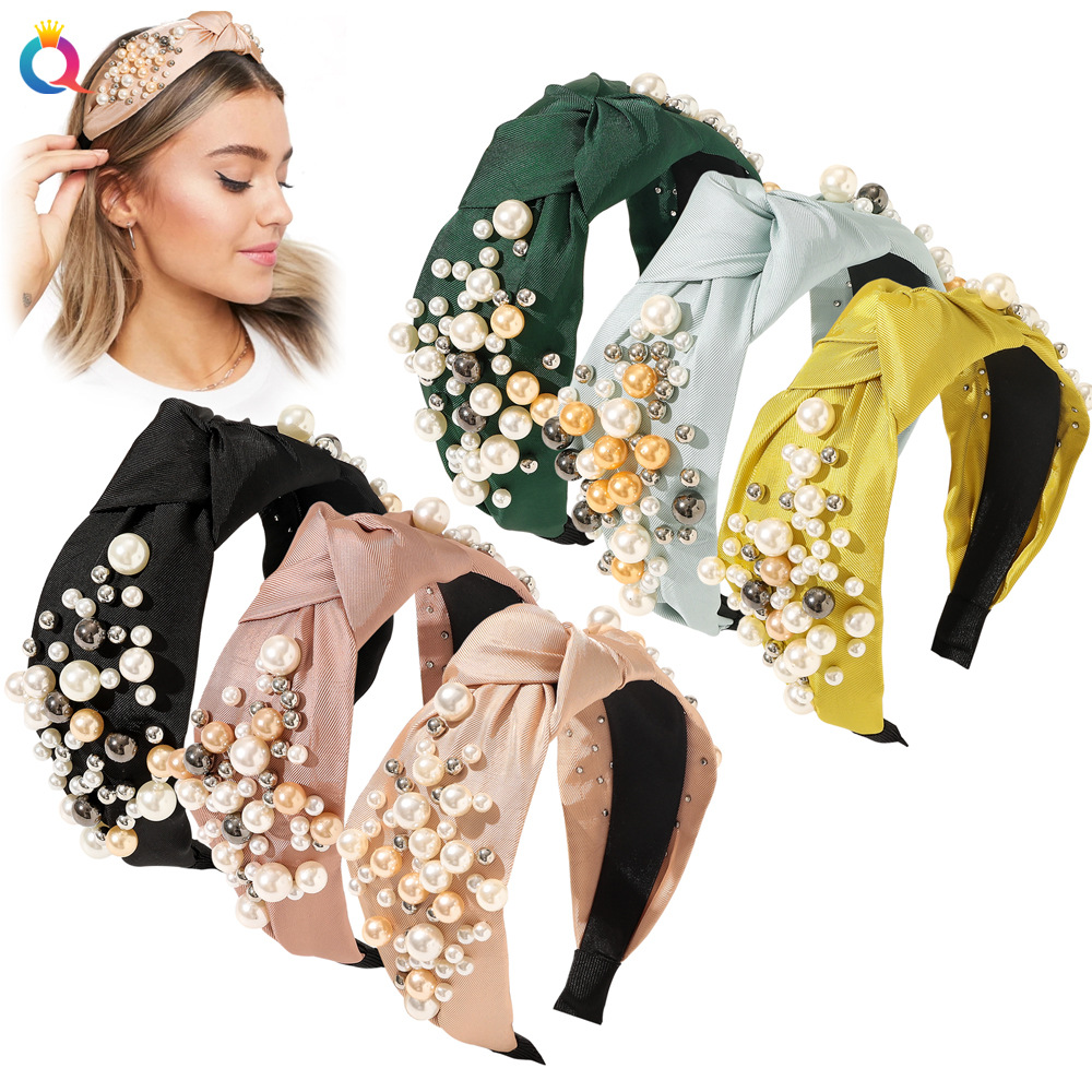 Qiyue's new cross-border pearl headband with wide edges, PU leather headband and fashionable pleated headwear for women wholesale full figure
