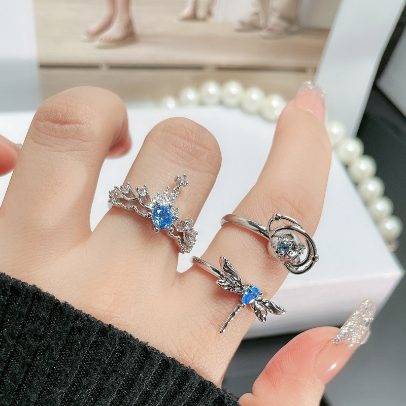 French gentle crown, sea blue zircon light luxury open ring, women's dragonfly fashionable, simple and individual cold style ring details Picture