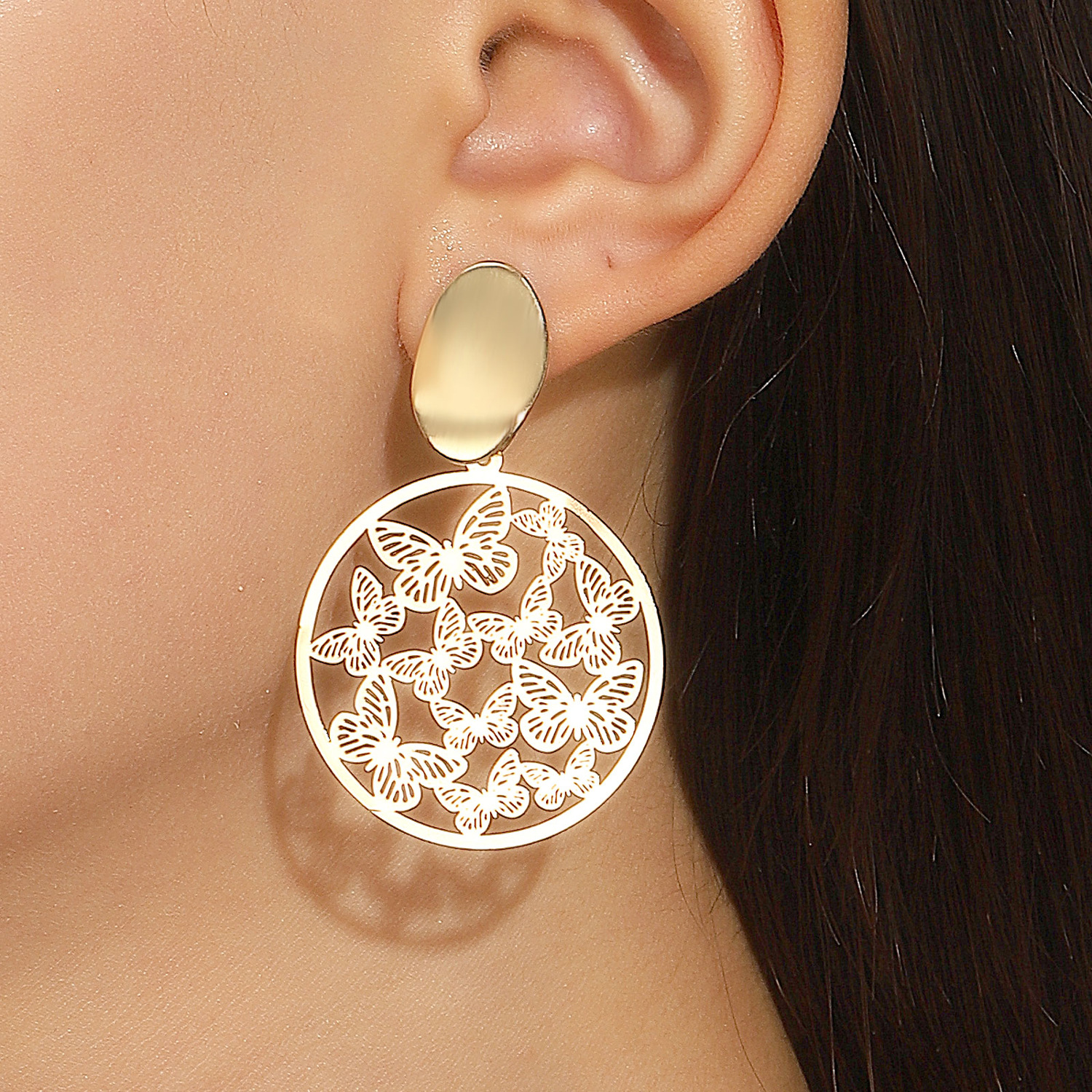 Cross-border hollowed-out butterfly geometric earrings, women's ins style, exaggerated European and American temperament, alloy round and square stud earrings full figure
