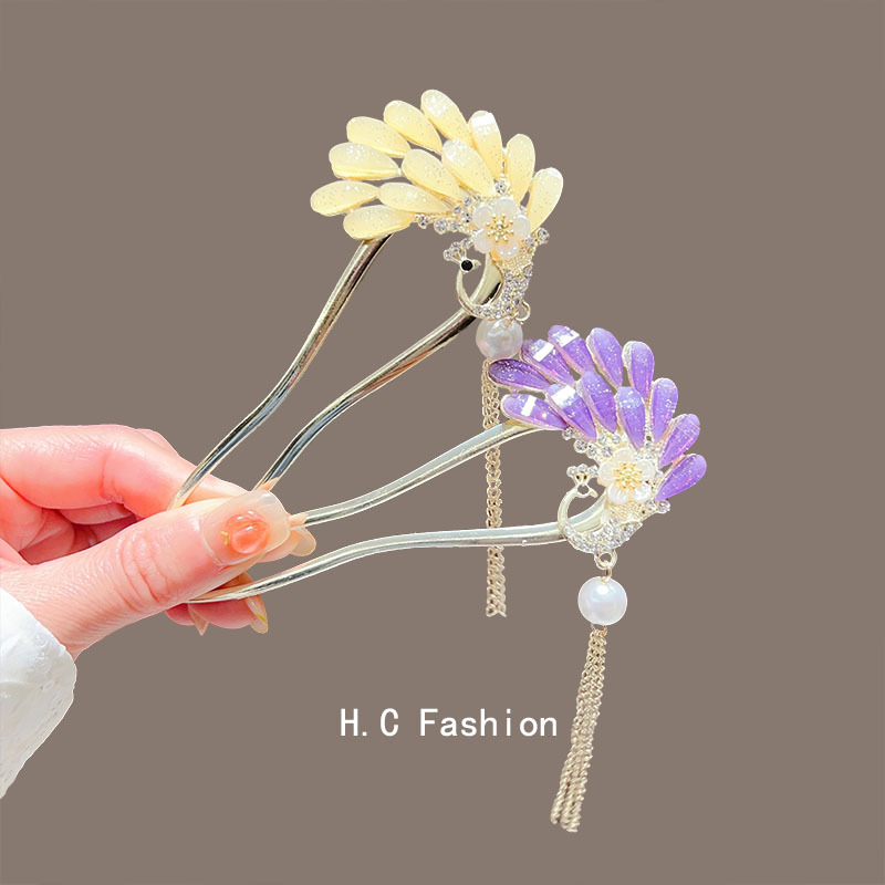 Ancient-style peacock tassel U-shaped hairpin for women, new Chinese-style pearl updo hairpin, cheongsam Hanfu, and step hairpin details Picture