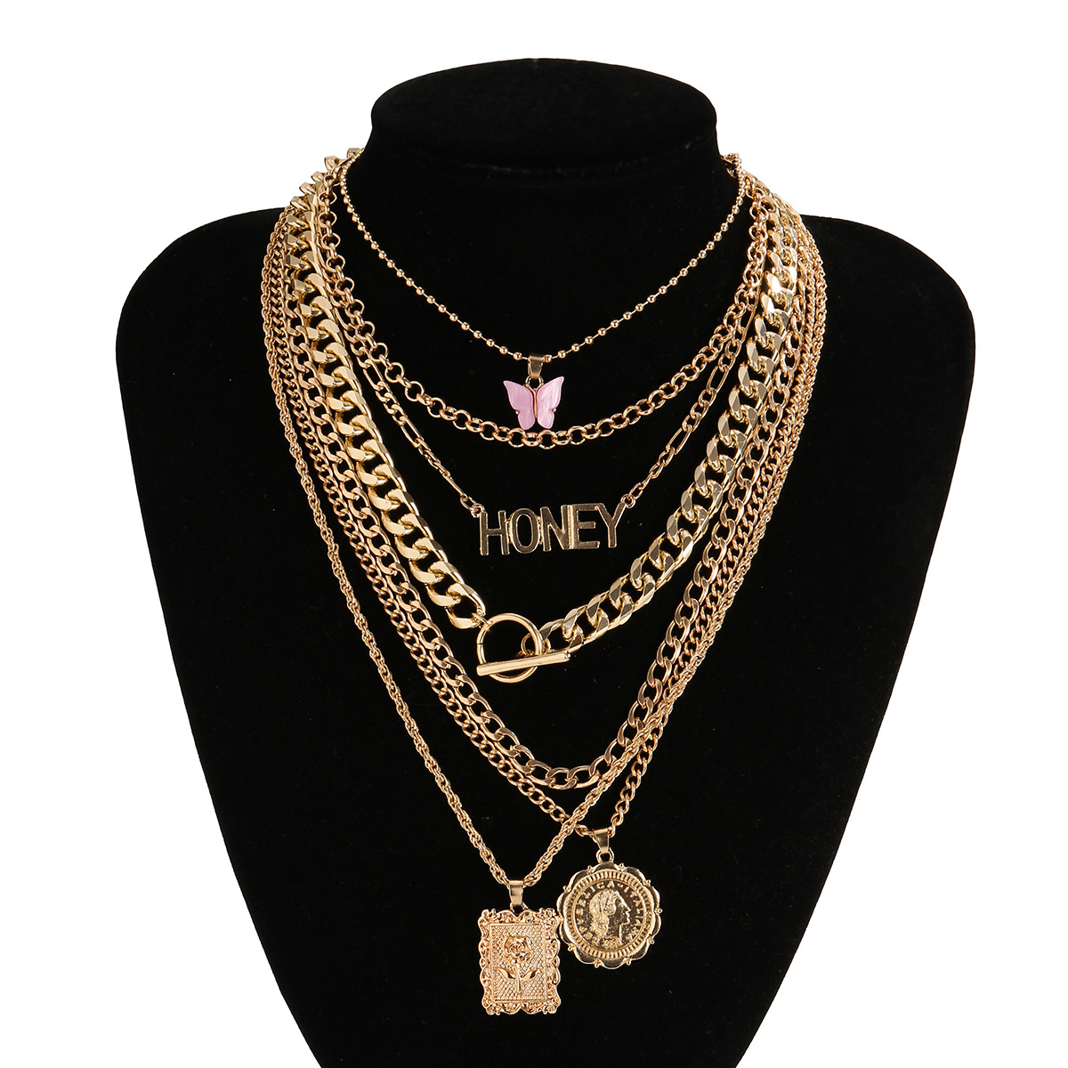 European and American cross-border fashion accessories, personalized and simple OT buckle multi-layer necklace, retro set, alloy butterfly necklace Specification drawing
