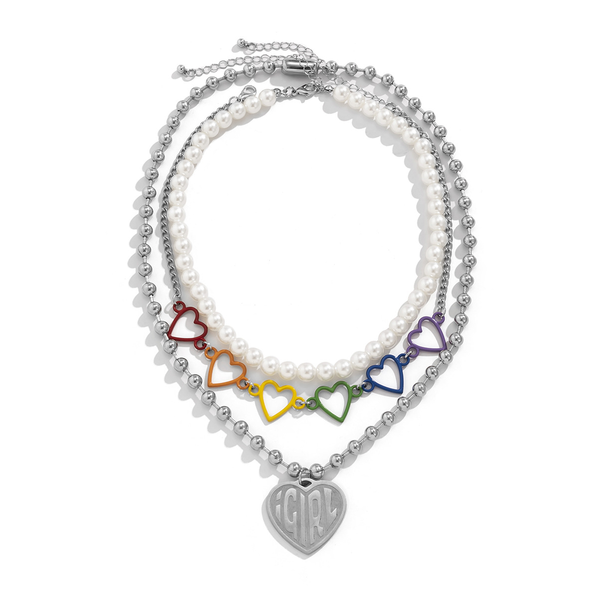 A minimalist, hollowed-out, colorful heart-shaped hip-hop necklace from Europe and America, a niche design imitating pearl and star necklaces Application Scenario
