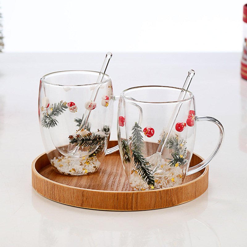 Customized high borosilicate glass double-layer coffee cups with handles and spoons, water cups with high appearance level, Christmas creative cups wholesale Specification drawing