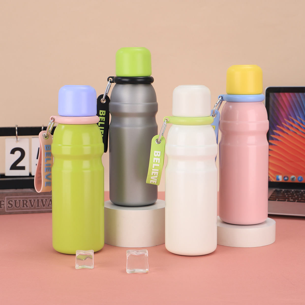 New rotary knob direct drinking cup, 316 stainless steel double-layer vacuum insulated cup, outdoor portable rope sports water bottle full figure
