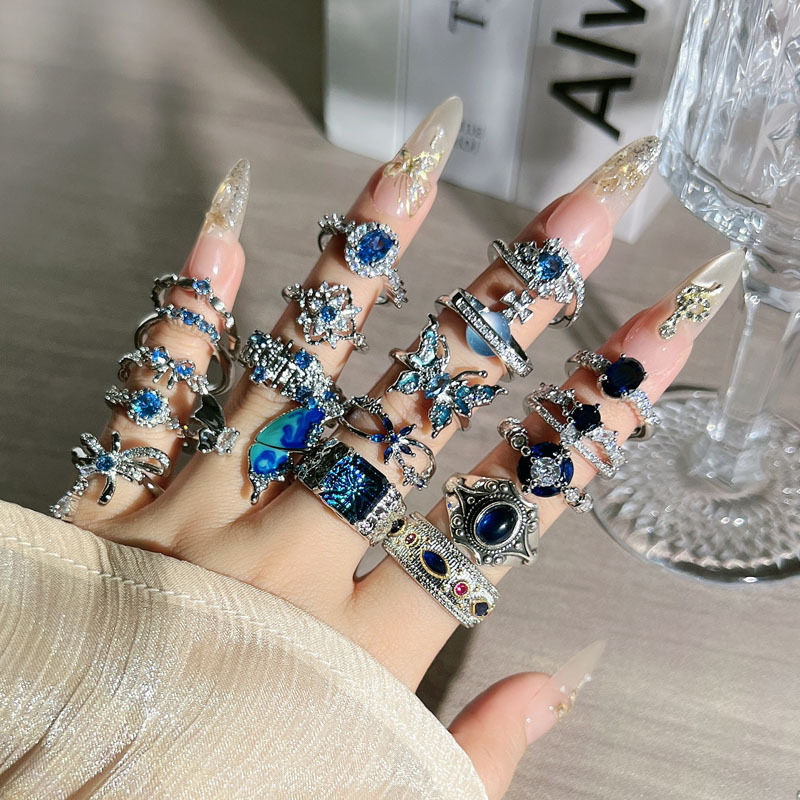 A light luxury, niche retro sapphire blue zircon open ring, a simple and fashionable index finger ring with a cold and elegant style for women Specification drawing