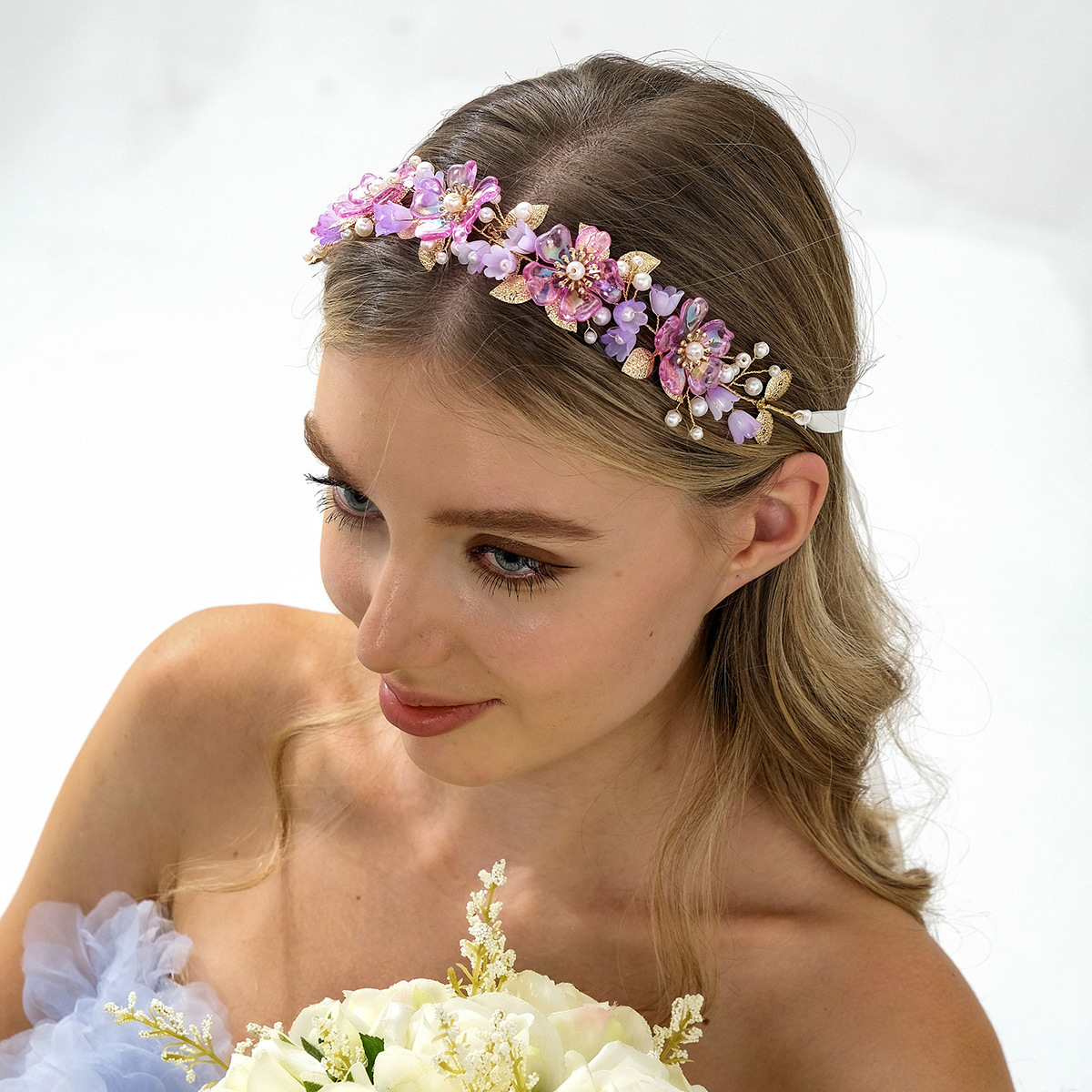 Pinkish-purple acrylic flower headband, forest-themed vacation style flower wreath headband, wedding performance banquet dress headwear for women full figure