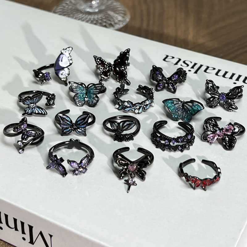 Baroque dark style creative exquisite purple diamond enamel butterfly ring, neutral style punk hot girl personality ring trend full figure