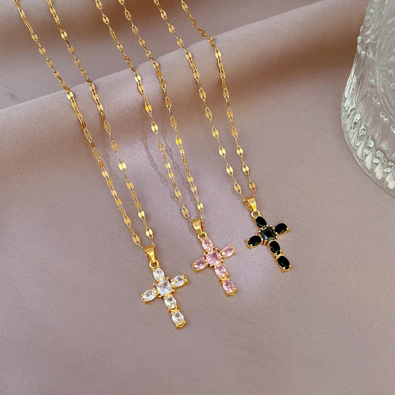 【 Titanium Steel 】 Micro-inlaid light Luxury Zircon cross Exquisite micro-inlaid necklace, women's fashion trend collarbone chain manufacturer details Picture
