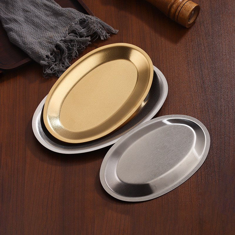 Korean-style stainless steel snow pattern oval plate, golden egg-shaped plate, household fish plate, rice noodle plate, thickened snack fried chicken plate Specification drawing