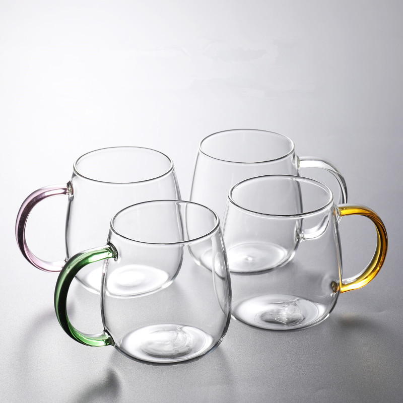 Simple office glass tea cups, transparent water cups, high borosilicate glass cups, single-layer cups, mushroom cups, glass cups with handles full figure