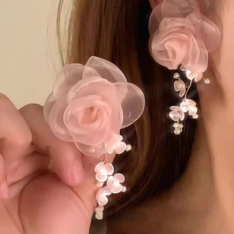 Red Beauty ~ Spring and Summer forest-themed pink flower earrings 2025 New bestseller Earrings, high-end women's stud accessories details Picture