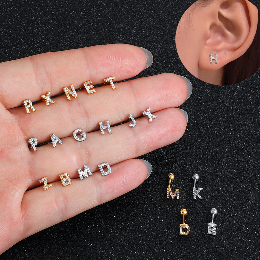 Cross-border European and American zircon 26-letter ear bone stud, retro and personalized alloy letter thread ear stud, ear puncture details Picture