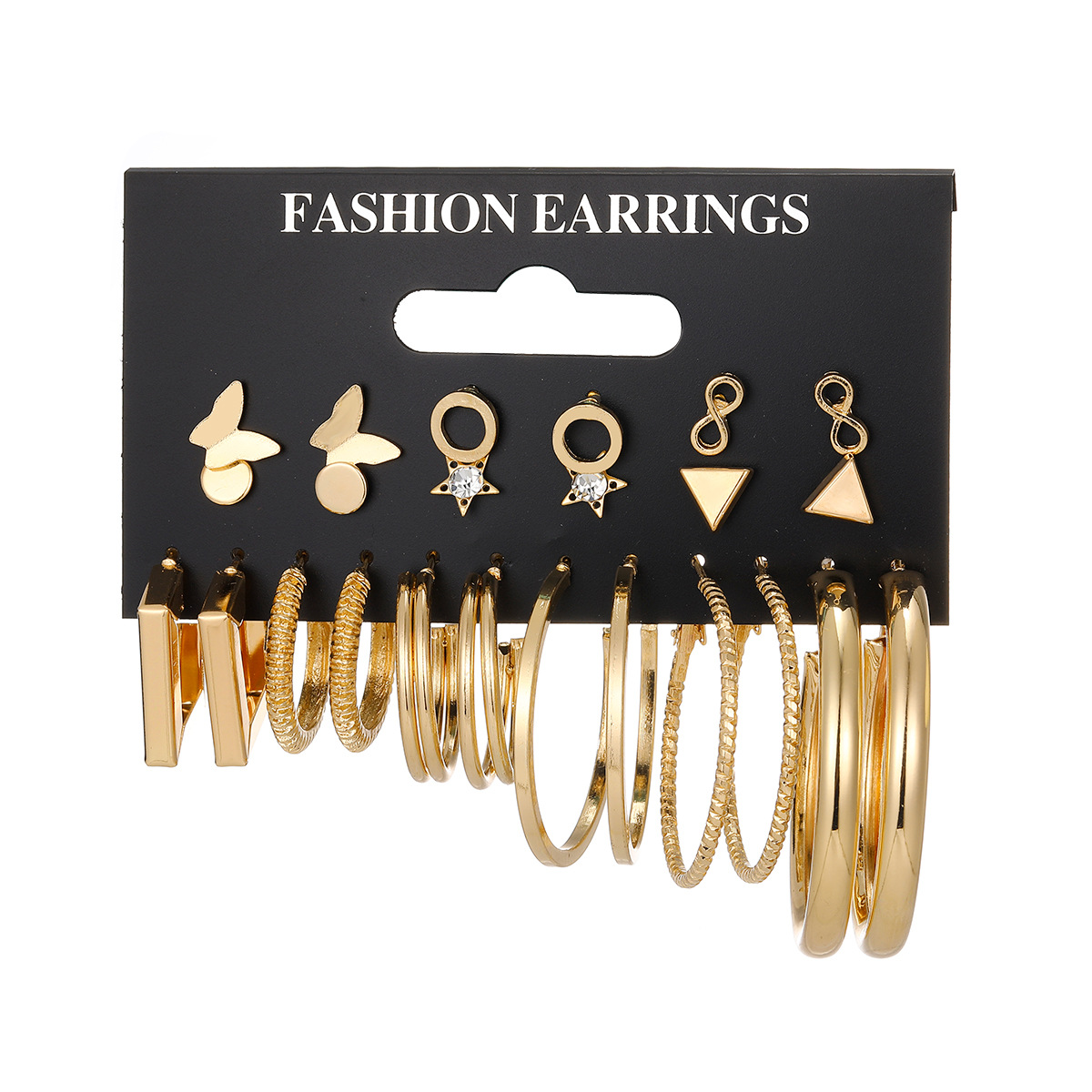 New cross-border alloy butterfly set earrings, fashionable and individual 8-shaped star butterfly circle earrings, 12-piece gold set Item Picture