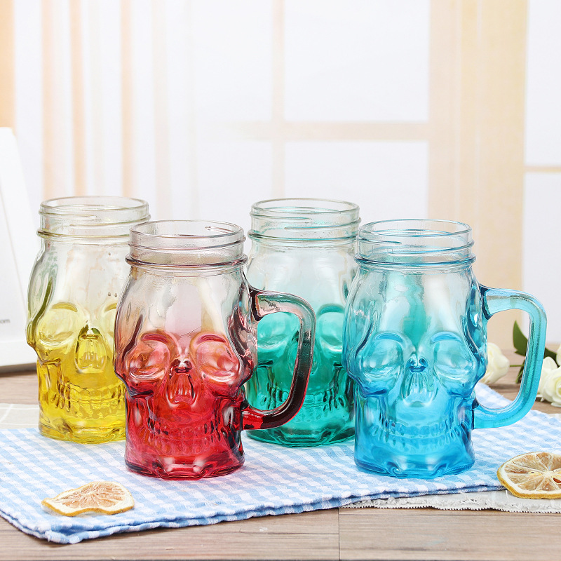 Creative gradient Mason cups, skull cups, beer mugs with straws, water cups with transparent handles, glass cups Specification drawing