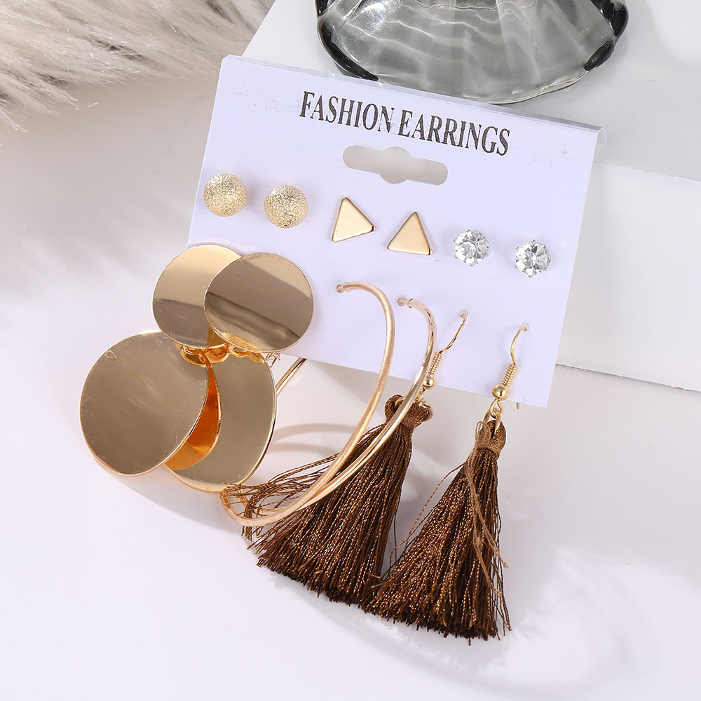 Wholesale of 6-piece sets of cross-border accessories, European and American earrings, geometric metal acrylic sheet tassel stud earrings, and decorative items Specification drawing
