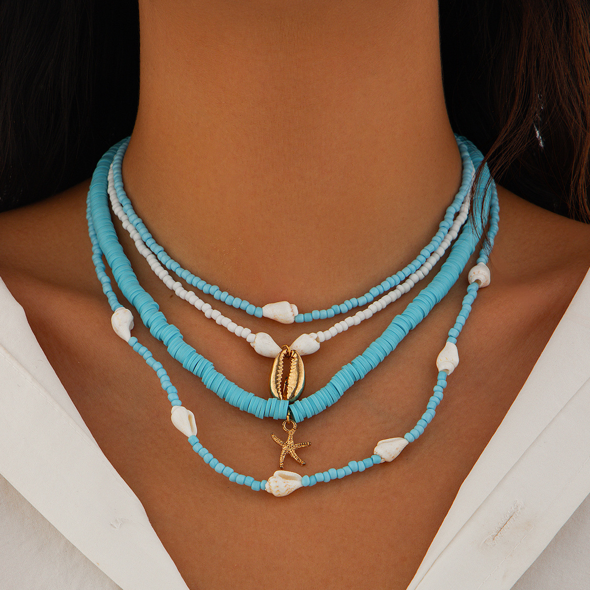 European and American cross-border jewelry, ins style beach shell pendant, multi-layer necklace, rice beads, soft clay beads, collarbone chain for women full figure