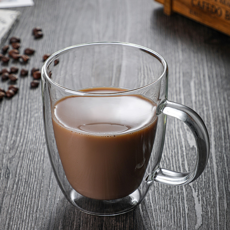 Double-layer mugs, high-temperature resistant tea brewing cups, household coffee cups with handles, double-layer glass cups, breakfast milk cups Specification drawing