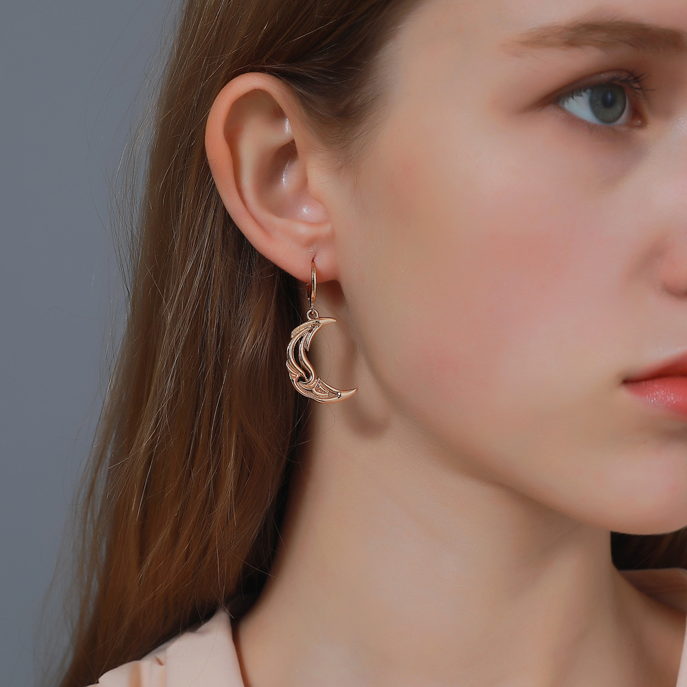 New cross-border minimalist sun and moon earrings, personalized asymmetrical abstract earrings, short hollowed-out star and moon ear buckles details Picture
