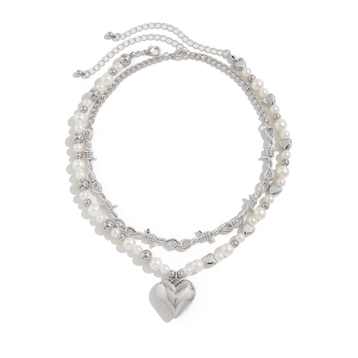 European and American cross-border jewelry, fashionable heart-shaped alloy pendant necklace, versatile pearl beaded collarbone chain, multiple layers Item Picture