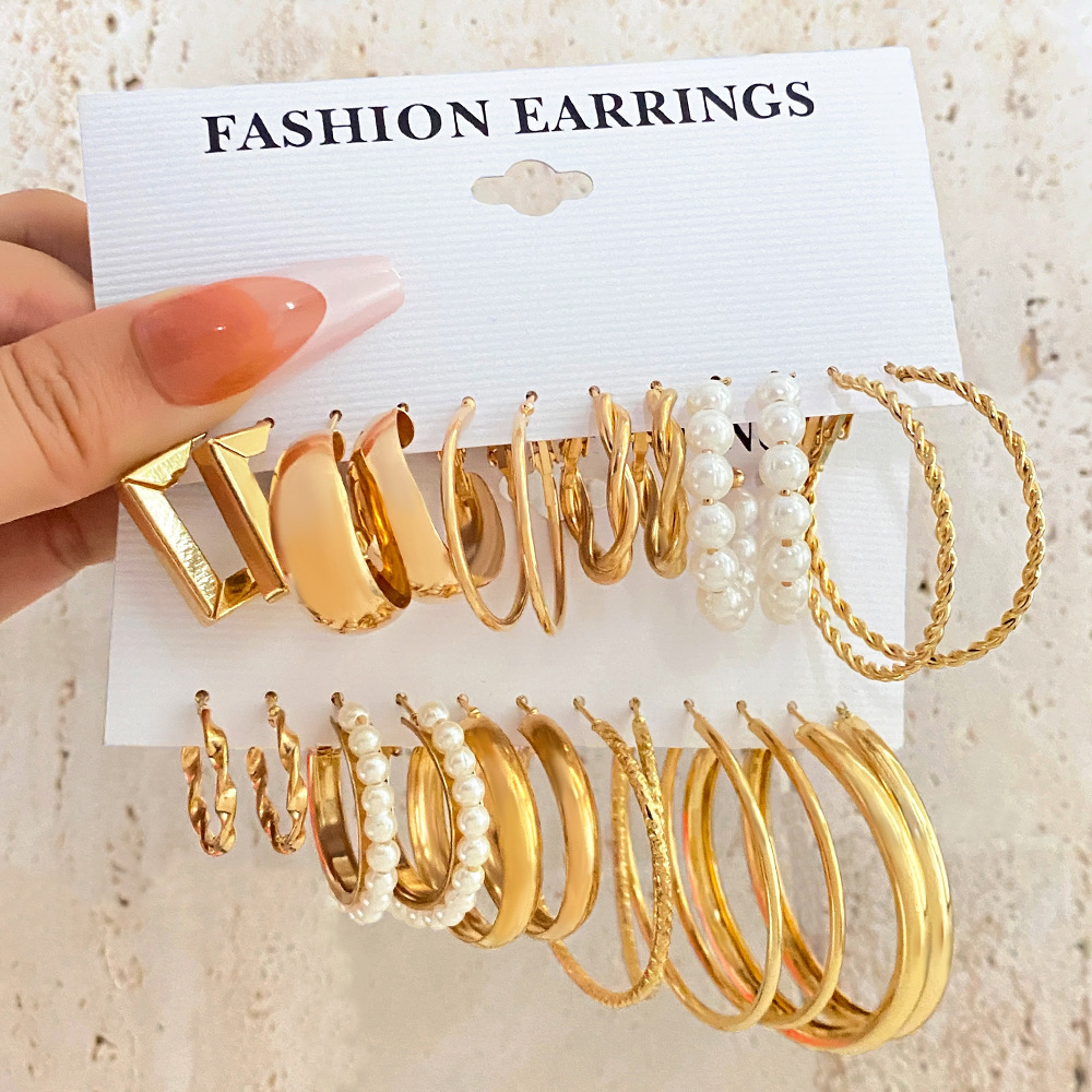 European and American style metal ear rings, square geometric earrings, retro pearl earrings, Hepburn style earring set of 6 pieces full figure