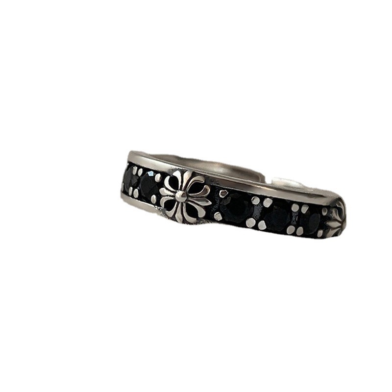 Hip-hop aged cross black zircon inlaid open ring, trendy and niche design, high-end and personalized ring Item Picture
