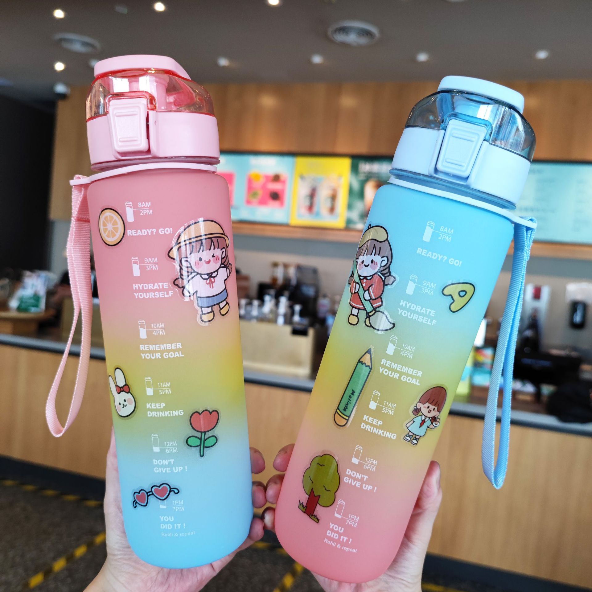 Wholesale of popular new products comes with 2D stickers, 1000ml gradient frosted straws, plastic water bottles and portable handle water cups Application Scenario