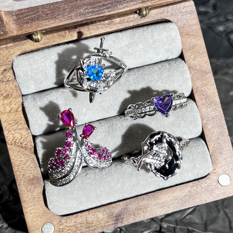 Exquisite white purple diamond heart-shaped water drop zircon ring for women's stone, light luxury and high-end, a niche index finger ring Specification drawing