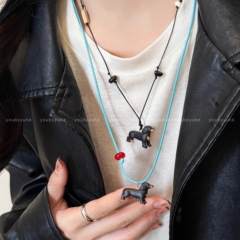 Cute pendant puppy necklace for women, new pull-out leather rope, simple, niche and versatile long collarbone chain accessory for women Specification drawing
