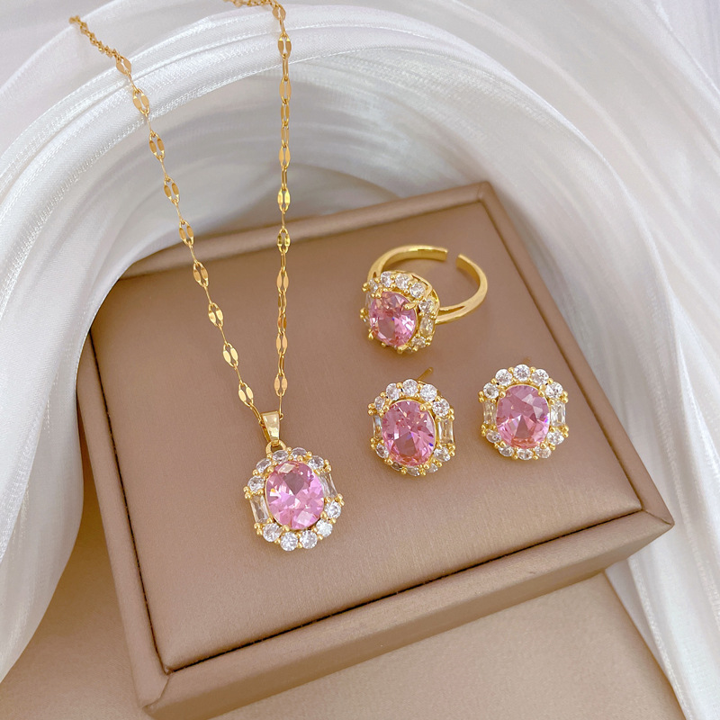 【 Titanium Steel 】 Diamond-shaped zircon hollow Necklace, earrings and ring set, light luxury and individual style, earrings and necklaces combination full figure
