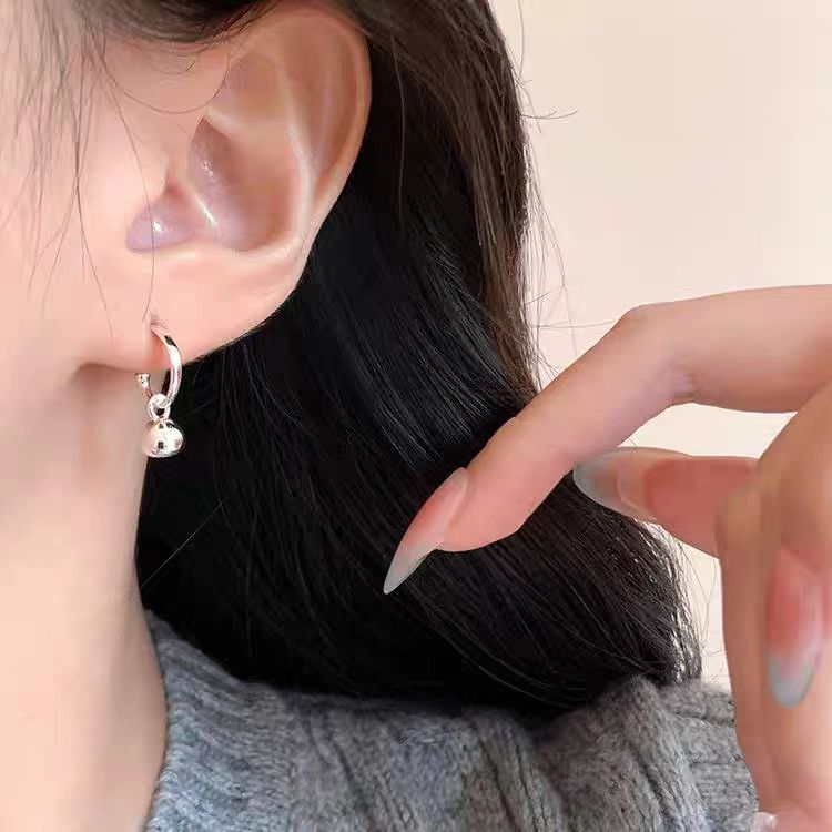 Little Silver Bean ~ins style, simple and high-end, all-silver niche earrings, solid little beans, versatile stud earrings for women details Picture