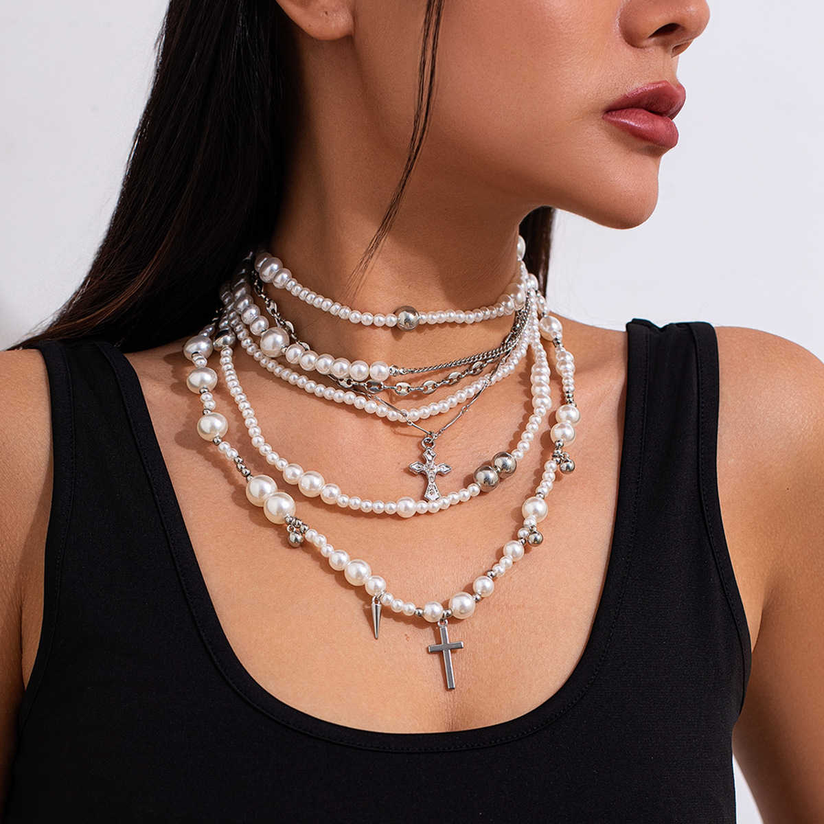 European and American cross-border jewelry punk style geometric pearl beaded necklace, personalized cross multi-layer alloy collarbone chain full figure