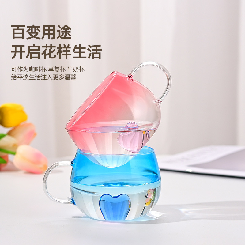 Wholesale high-appearance-level heart-shaped glass cups, gradient color household high-temperature resistant breakfast cups, large-capacity single-layer coffee cups Specification drawing