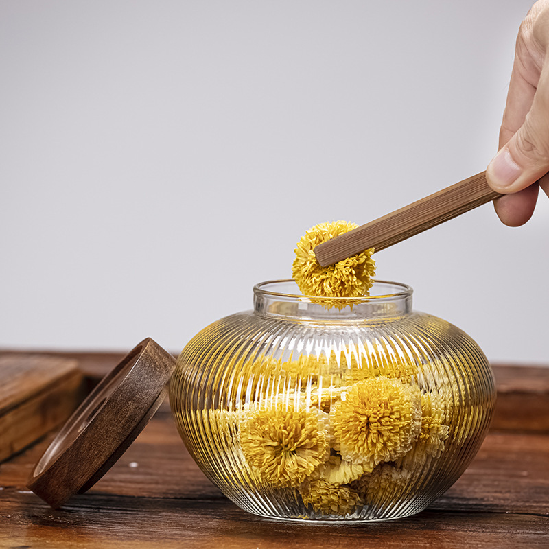 Glass-sealed moisture-proof jar, household kitchen food jar for grains and cereals, solid wood lid tea and medicinal materials storage jar details Picture