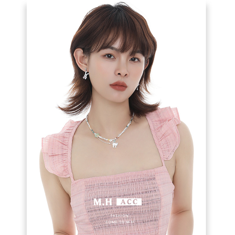 Mother-of-pearl cat colorful beaded necklace for women, fresh, sweet, versatile and high-end. Collarbone chain, unique dopamine necklace details Picture