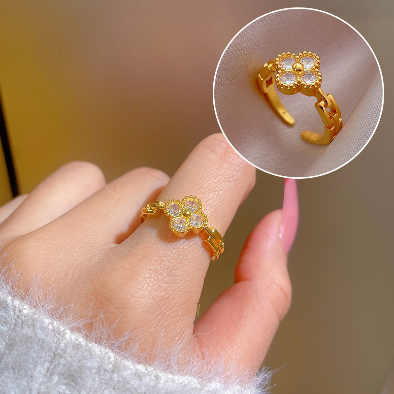 【 Real gold electroplating 】 Open ring, women's lucky clover fashion ring, index finger ring, the same style as Internet celebrities, simple and cold style full figure