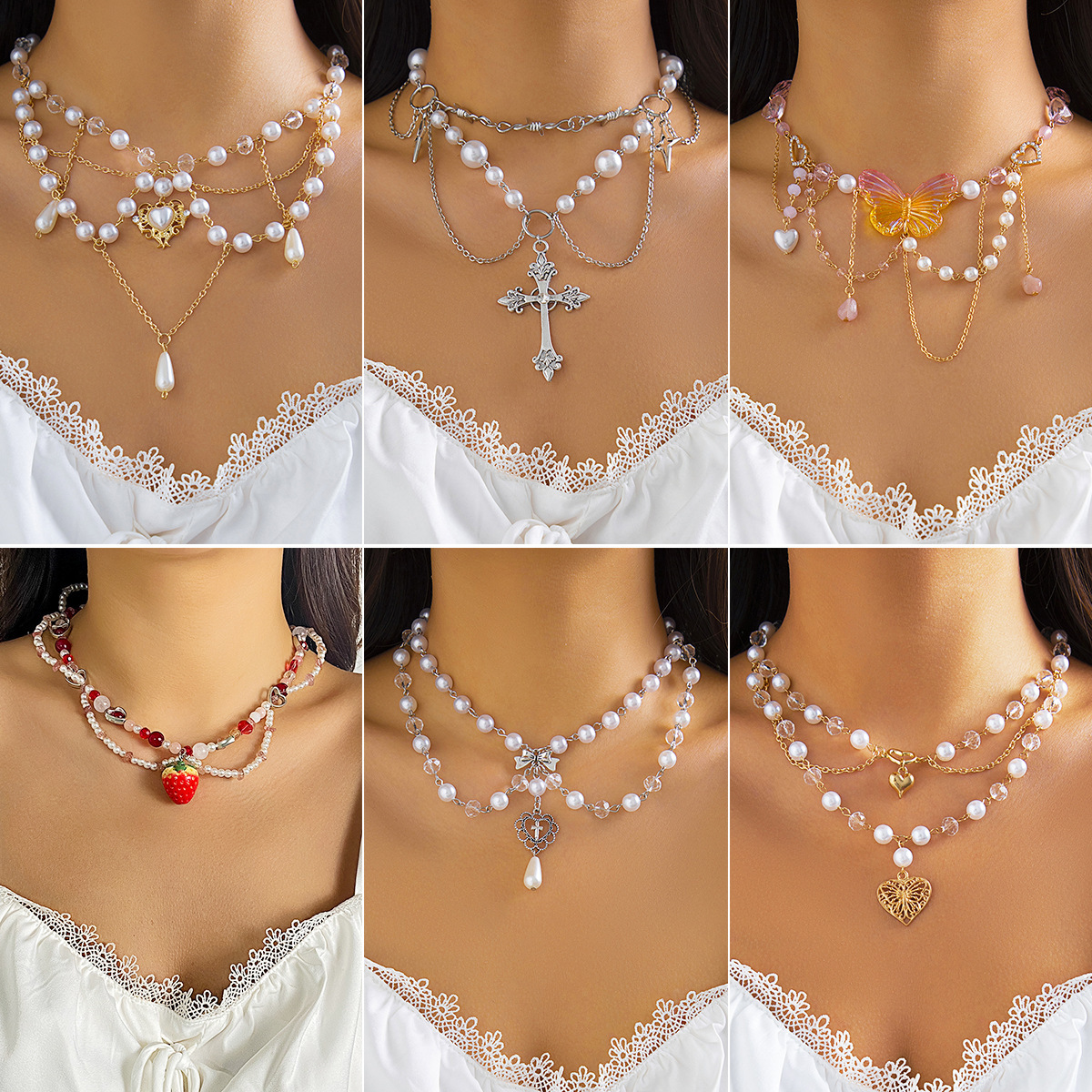 European and American cross-border jewelry, hot girl beaded, niche y2k necklace, heart-shaped imitation pearl cross choker necklace full figure