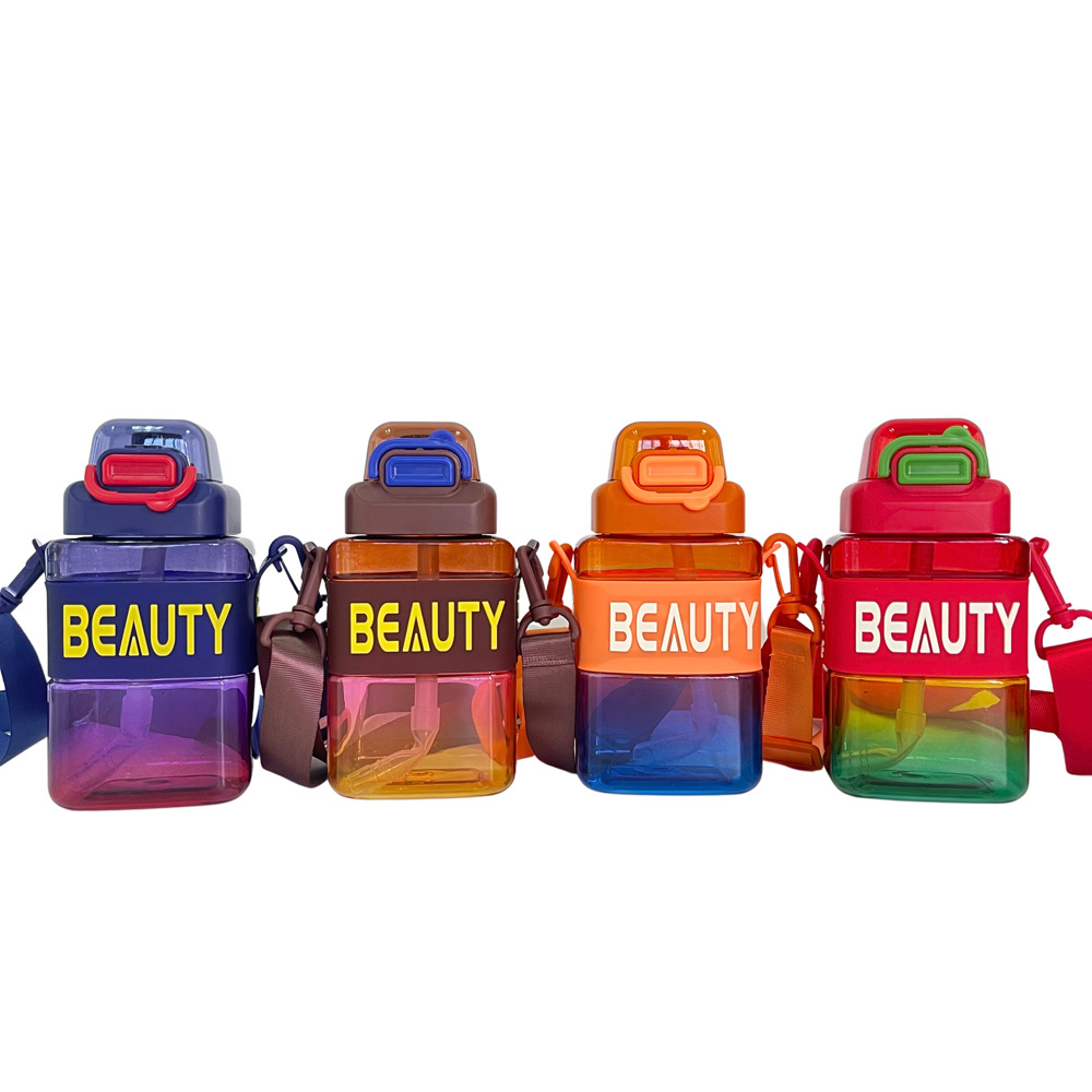 Wholesale cross-border e-commerce new high appearance level rectangular children's straw plastic water cup portable crossbody strap water bottle Item Picture