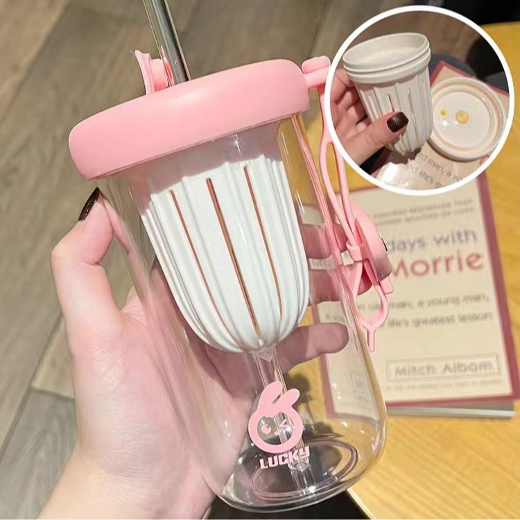 Cute and creative straw cup, office high appearance level water cup, thickened glass children's handle cup, summer covered cup Specification drawing