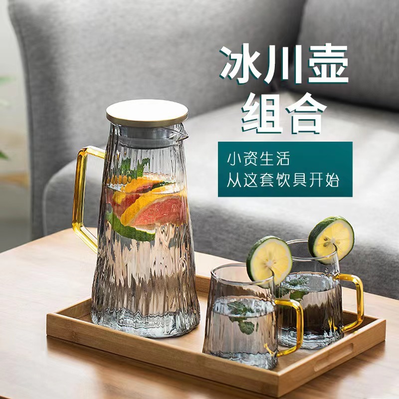 Nordic glacier patterned glass kettle, large-capacity refrigerator water cooler, hammer-patterned cold boiled water cooler cup set full figure