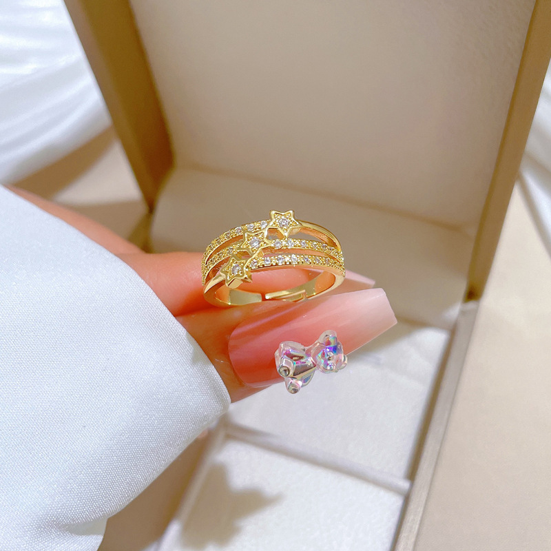 【 Real Gold 】 Three-layer star-studded ring with adjustable opening, simple Japanese-style bracelet, couple rings full figure