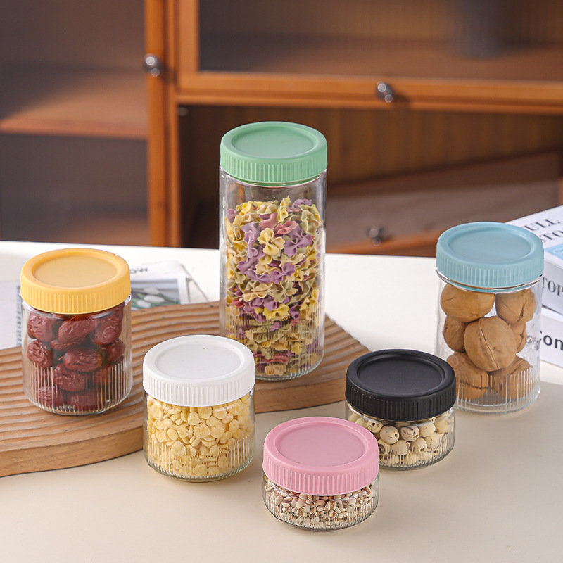 Kitchen household glass sealed storage jar with vertical stripe texture, coffee bean jar, food spice and grain storage box Application Scenario